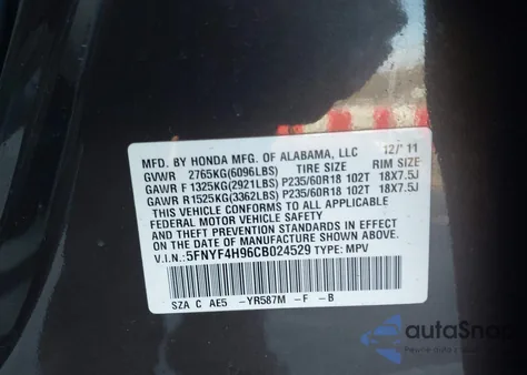 2012 Honda Pilot Touring from USA, damaged, VIN 5FNYF4H96CB024529